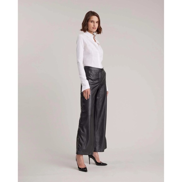 Anne Fontaine Pants - Anne Fontaine Black Faux Leather Wide Leg Side Button Pants 42
